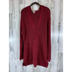 Chicos Open Knit Sweater Hoodie Coverup Size 3 or Large Dark Red Burgundy Vneck